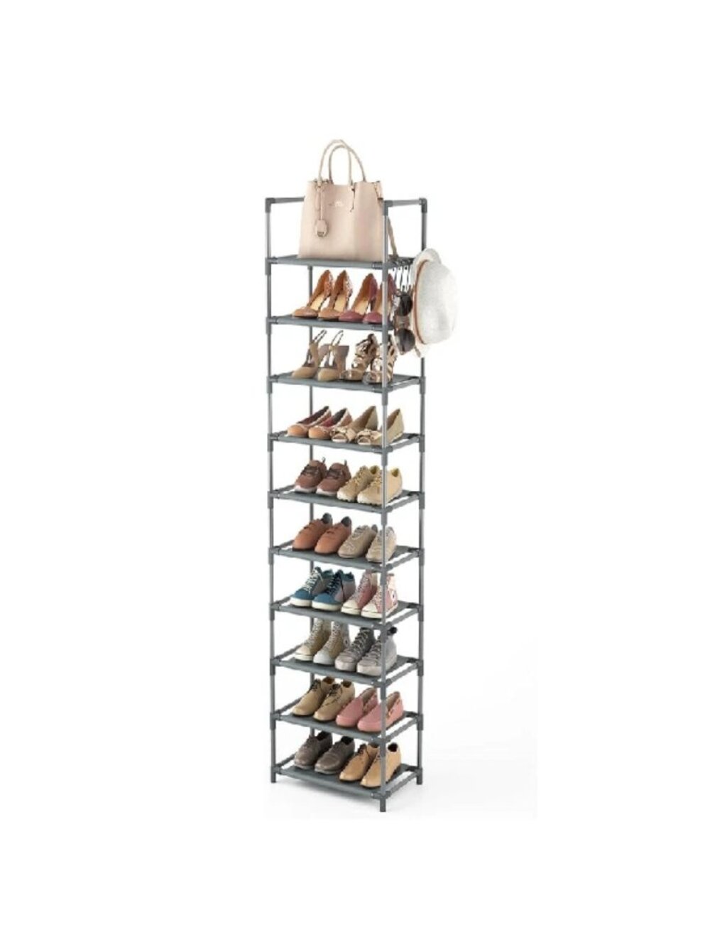 Shoe Rack 10-Tier Space Saving Organizer W/ Hooks